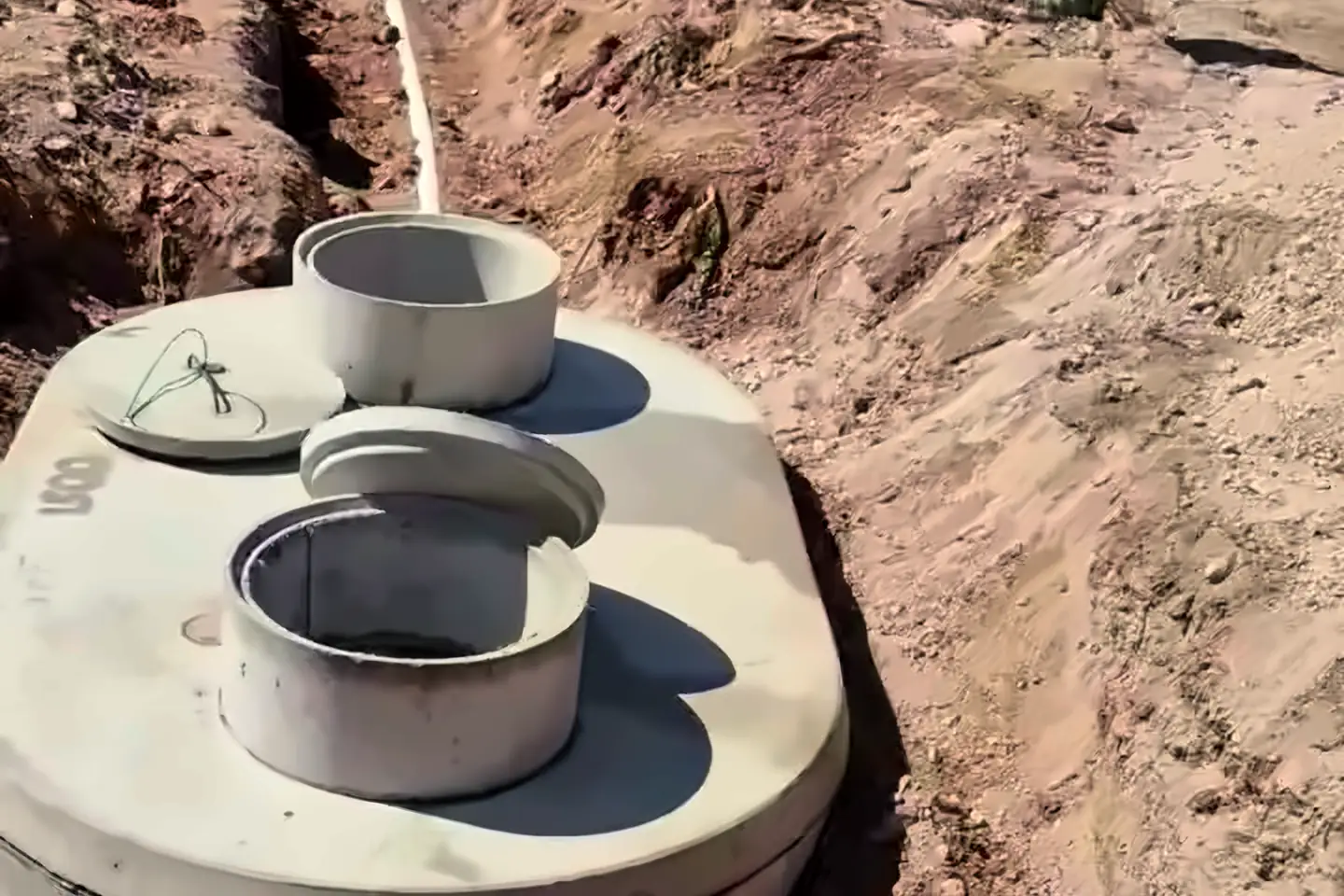 Concrete septic tank set in the excavation with risers brought to grade, saguaros and desert beyond